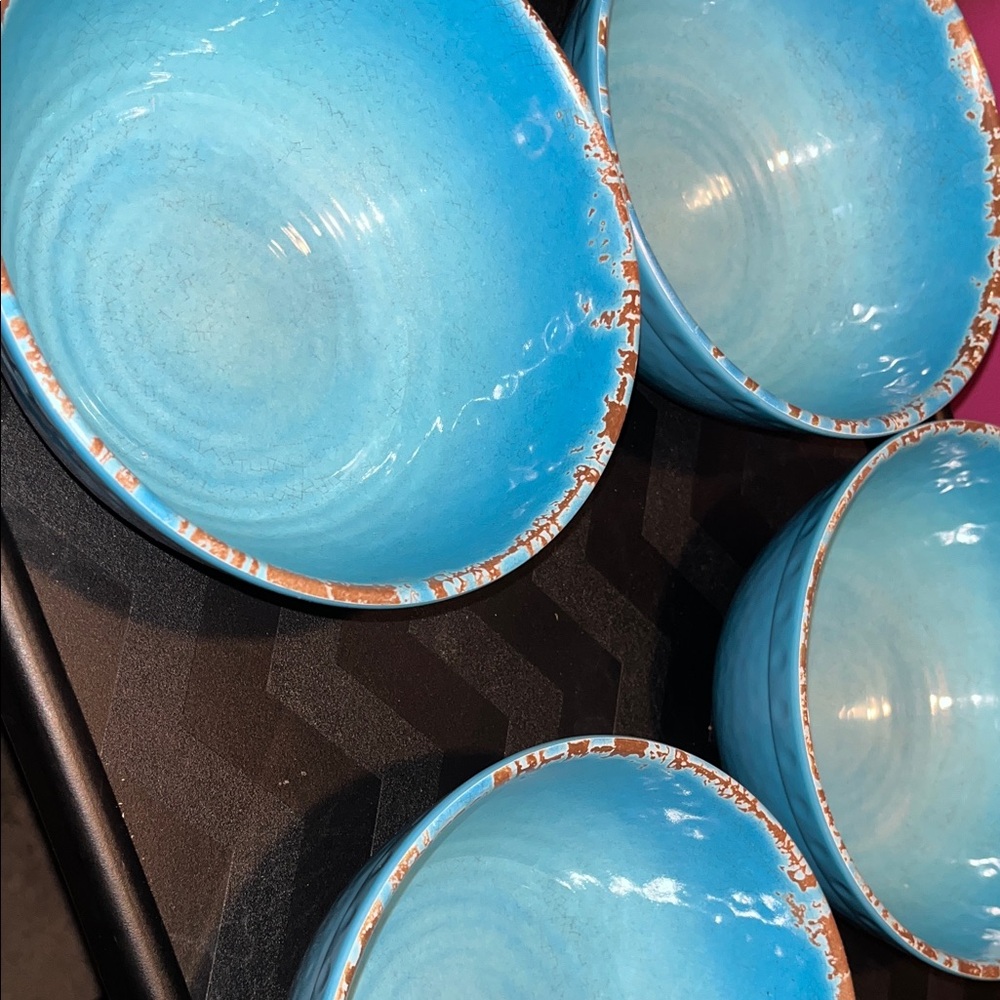 Williams Sonoma Aqua Blue Melamine cereal Bowls with Rust Trim, Set of 4 - Picture 5 of 5